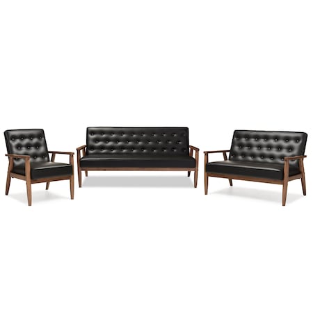 Baxton Studio Sorrento Black Faux Leather Upholstered Wooden 3 Piece Living room Set 122-6764-6767-6770